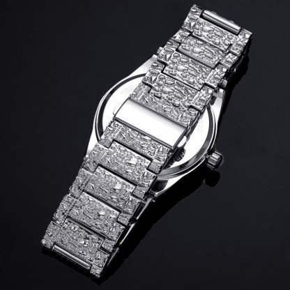Iced Nugget Style Roman Numerals Watch in White Gold