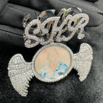 Moissanite Art Letter Buttons can be Customized Photo Wings Round Pendant
