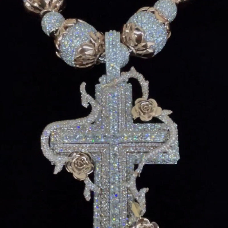 Moissanite Rose Wrapped Cross Pendant Chain Set