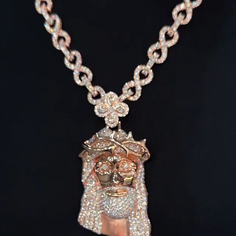 Moissanite Four-Leaf Clover Buckle Thorn Headdress Jesus Pendant Chain Set