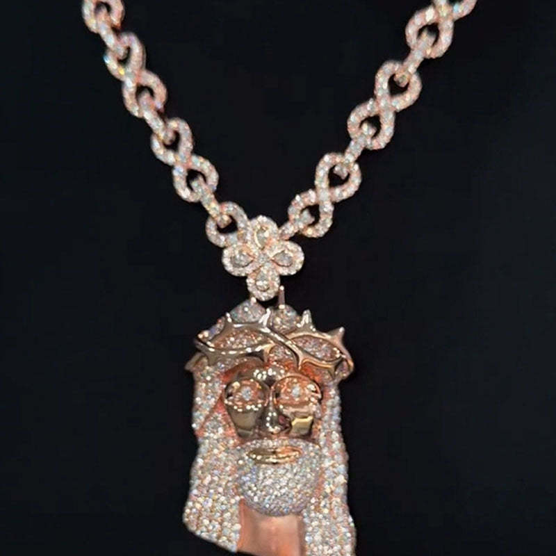 Moissanite Four-Leaf Clover Buckle Thorn Headdress Jesus Pendant Chain Set