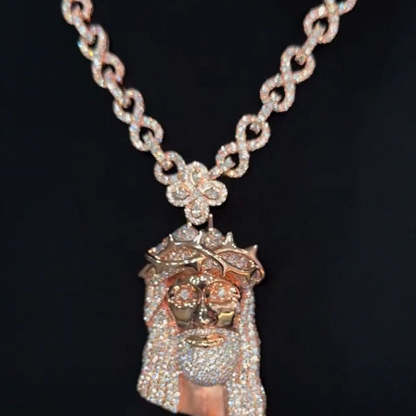 Moissanite Four-Leaf Clover Buckle Thorn Headdress Jesus Pendant Chain Set