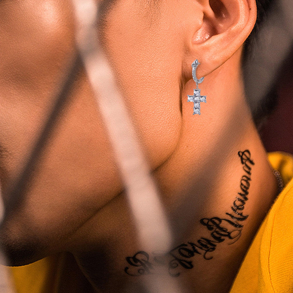 Cross Earrings with Snake Hoop in 925 Sterling Silver-krkcom