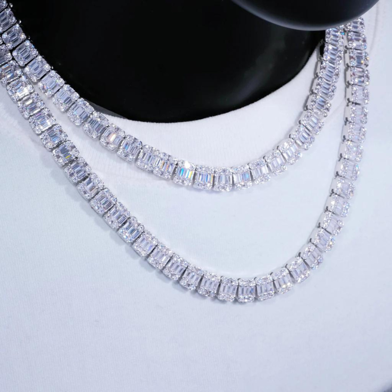 13mm Moissanite Square Baguette Tennis Chain White Gold