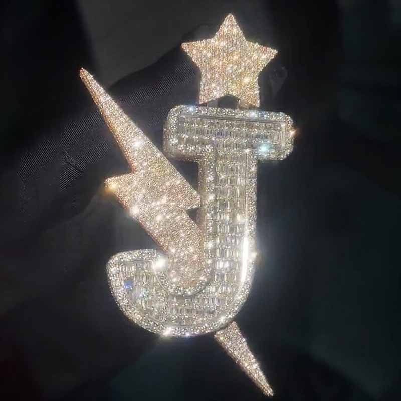 Moissanite Hip Hop 3D Star Lightning Letter "J" Pendant