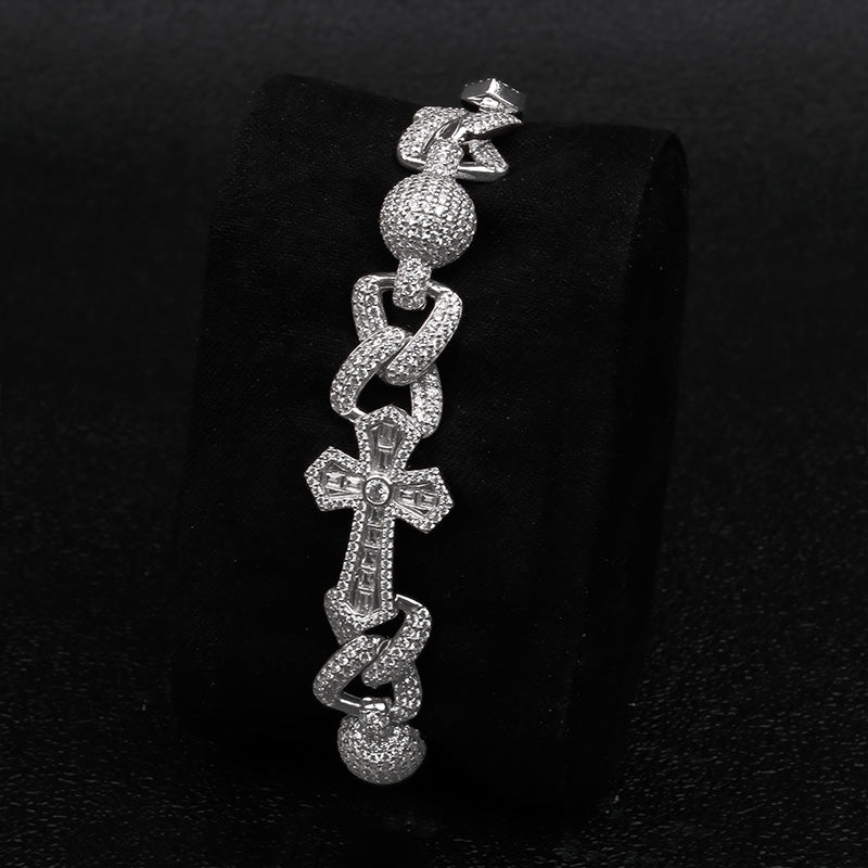 Iced Out Moissanite Cross & Round Ball Bracelet