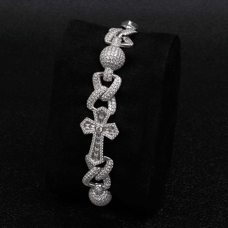 Iced Out Moissanite Cross & Round Ball Bracelet