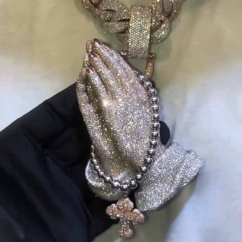 New Moissanite Praying Hands Cross Pendant
