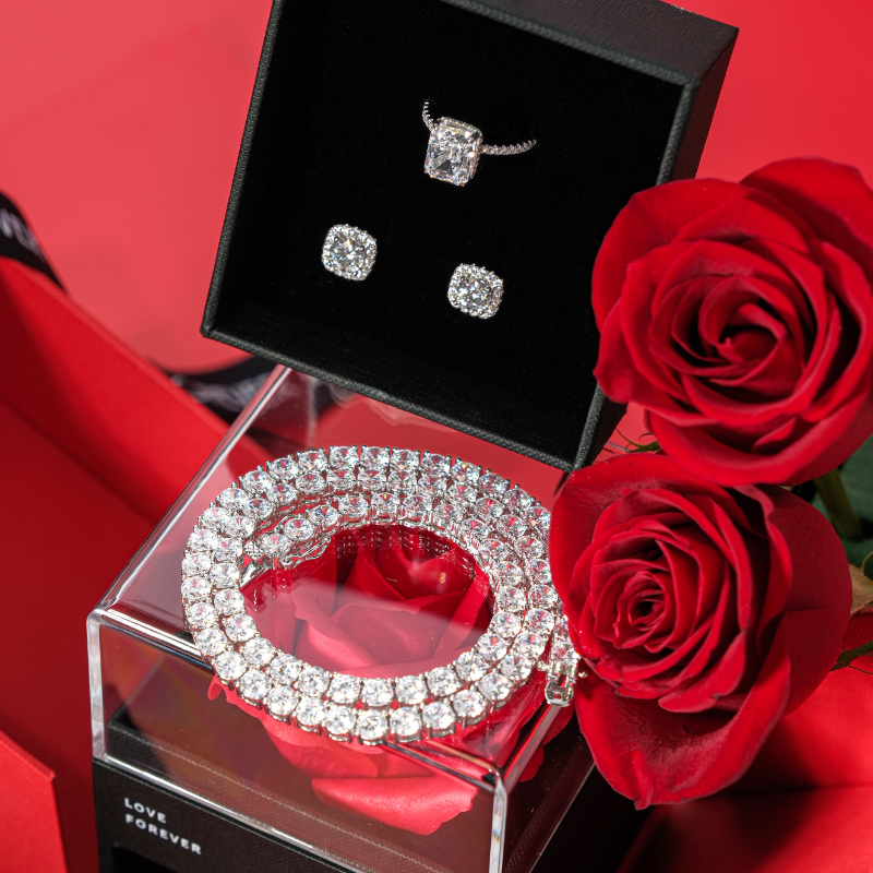 Valentine's Day S925 Moissanite Emerald Cut Square Diamond Gift Box Three-piece Set