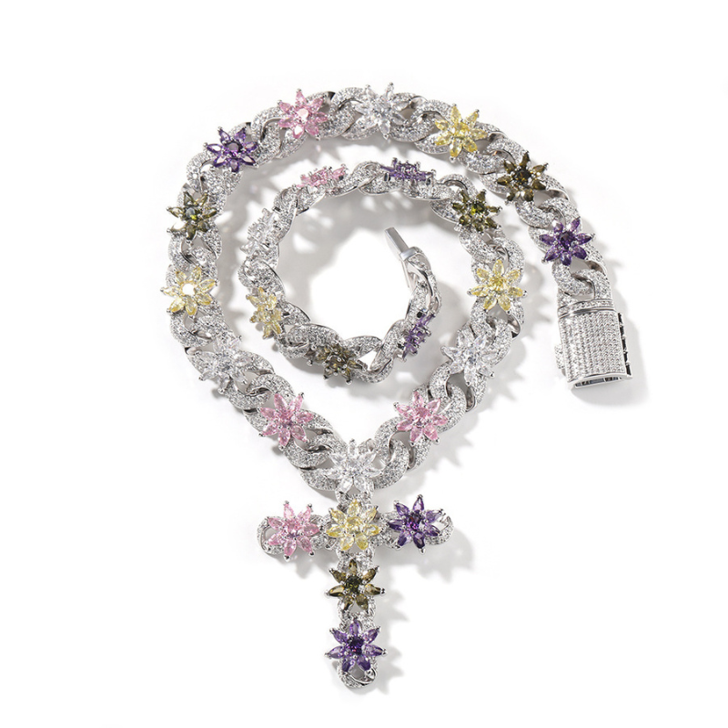 Moissanite Colored Ice Flower Cross Chain