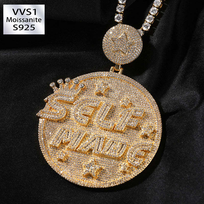 Moissanite Personality Hip Hop "SELF MANG" Letter Large Disc Pendant