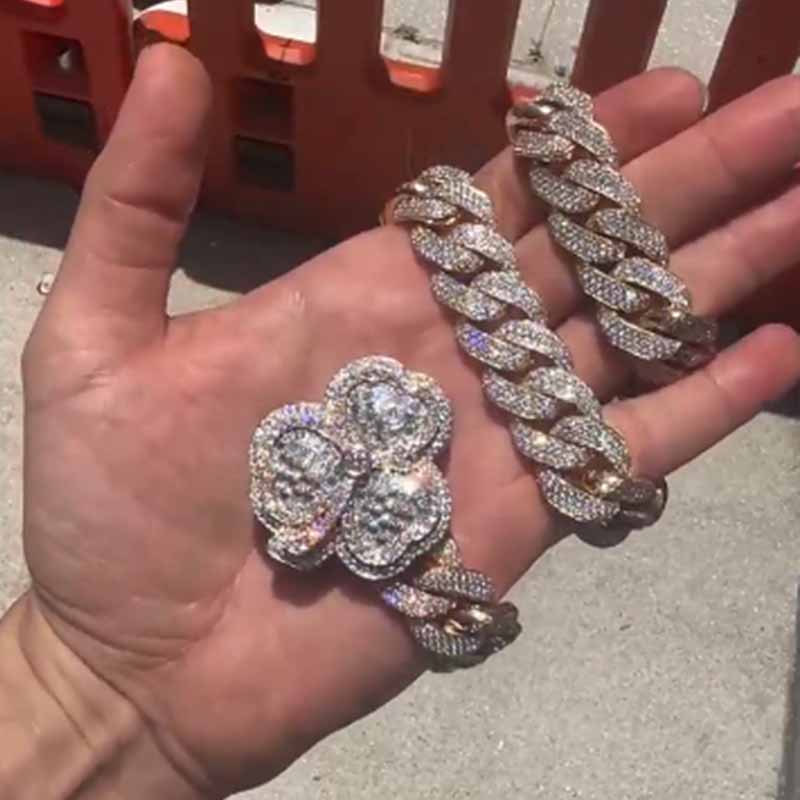 18mm Clover Design Moissanite Cuban Chain 