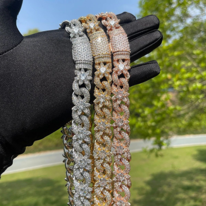 15mm Moissanite Hip Hop Diamond Flowers Sparkle Cuban Chain