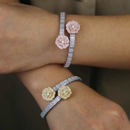 Moissanite Flower Baguette Adjustable Opening Bracelet