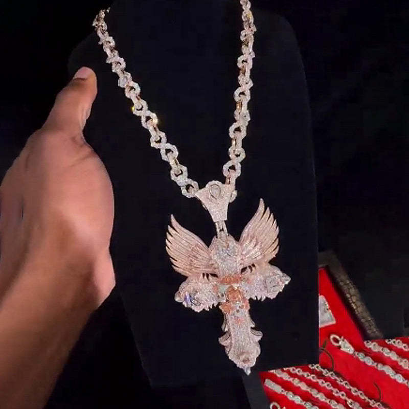 Moissanite Delicate Winged Cross Pendant Chain Set