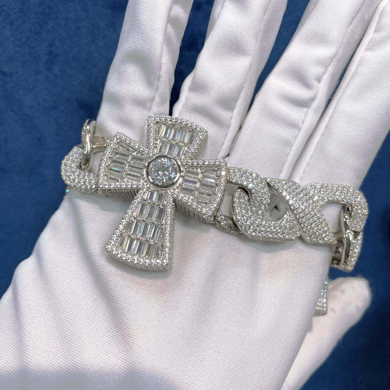 Moissanite Baguette Cross Cuban Bracelet