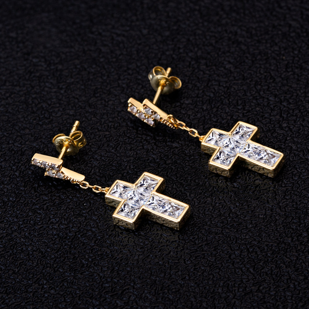 Diamond Stud Earrings for Men with Gold Cross in 14K Gold