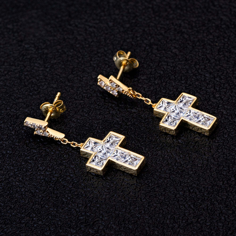 Diamond Stud Earrings for Men with Gold Cross in 14K Gold