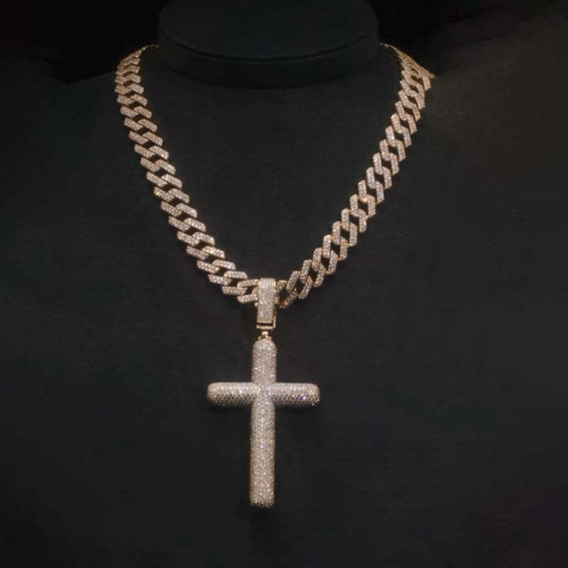 Moissanite Cross Pendant Cuban Chain Set