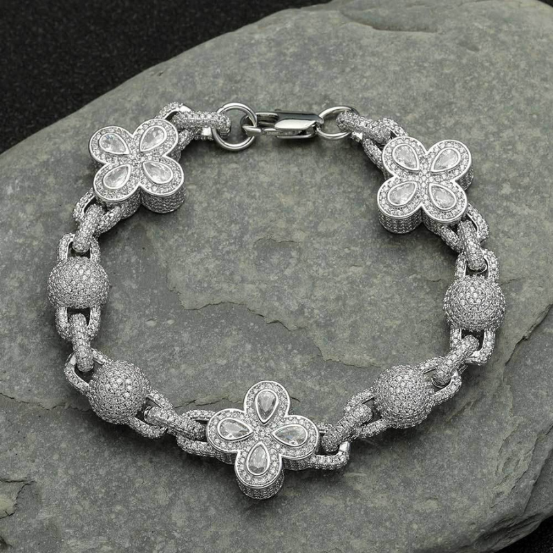 Moissanite Hip Hop Bubble Beads Four-Leaf Clover Bracelet