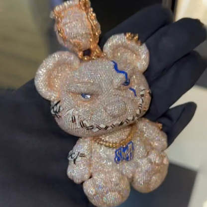 Moissanite Domineering Sheff Letters Cuban Chain Mr. Bear Pendant