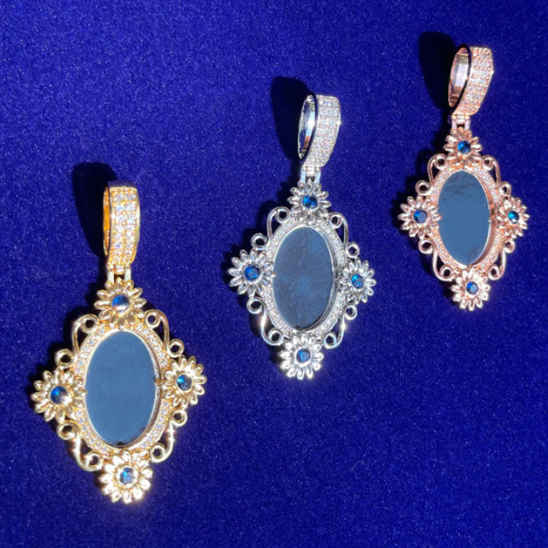 Moissanite Classical Flower Custom Photo Oval Pendant