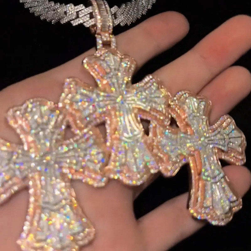 Moissanite Exquisite Floral Pattern Design Cross Pendant