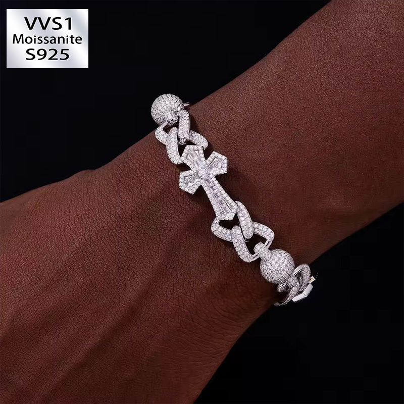 Iced Out Moissanite Cross & Round Ball Bracelet