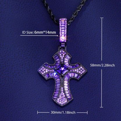 Iced Purple/Fancy Baguette Christian Cross Moissanite Pendant