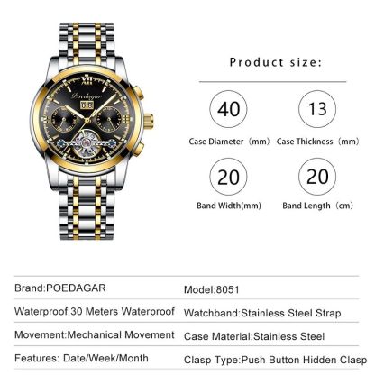 Waterproof Luminous Hollow Tourbillon Stainless Steel Automatic Mechanical Watch