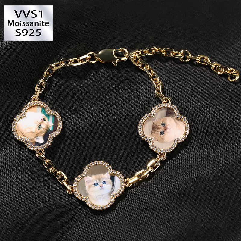 Moissanite Custom Lucky Four-Leaf Photo Clover Bracelet 