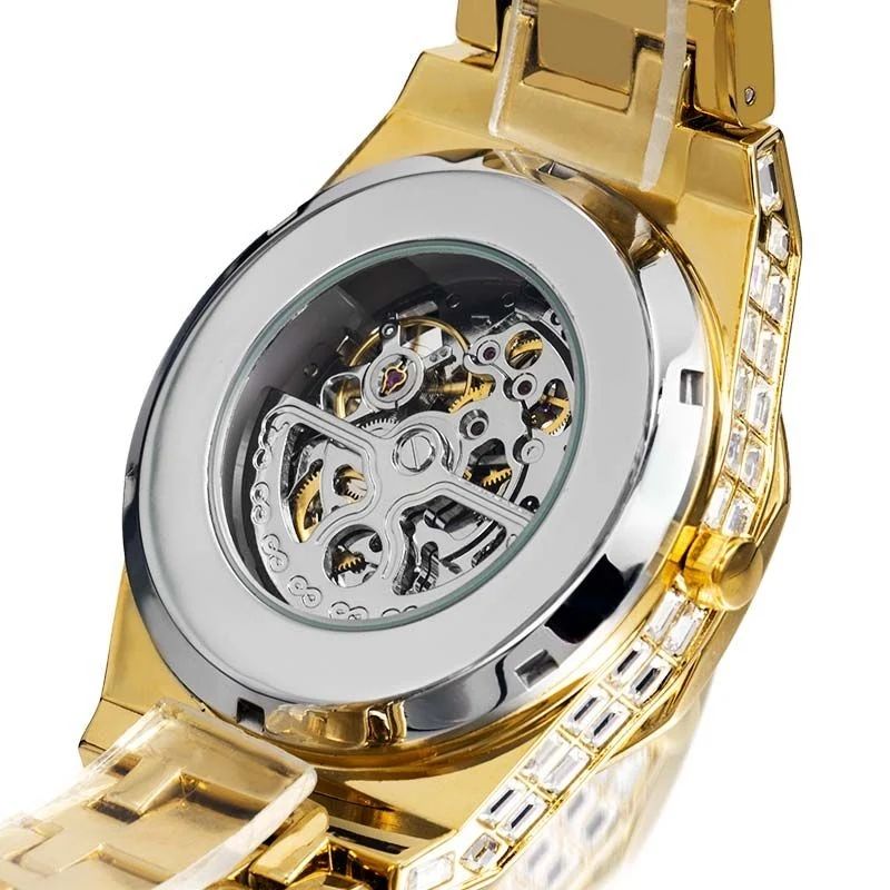 Iced Men's Mechanical Watch with Baguette Stones in Gold