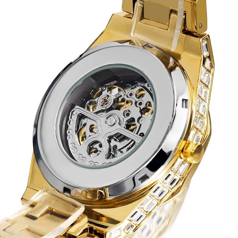 Iced Men's Mechanical Watch with Baguette Stones in Gold