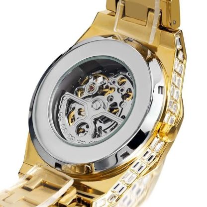 Iced Men's Mechanical Watch with Baguette Stones in Gold