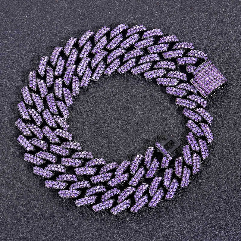 Iced Handset 15mm Moissanite Purple Cuban Link Chain in Black Gold