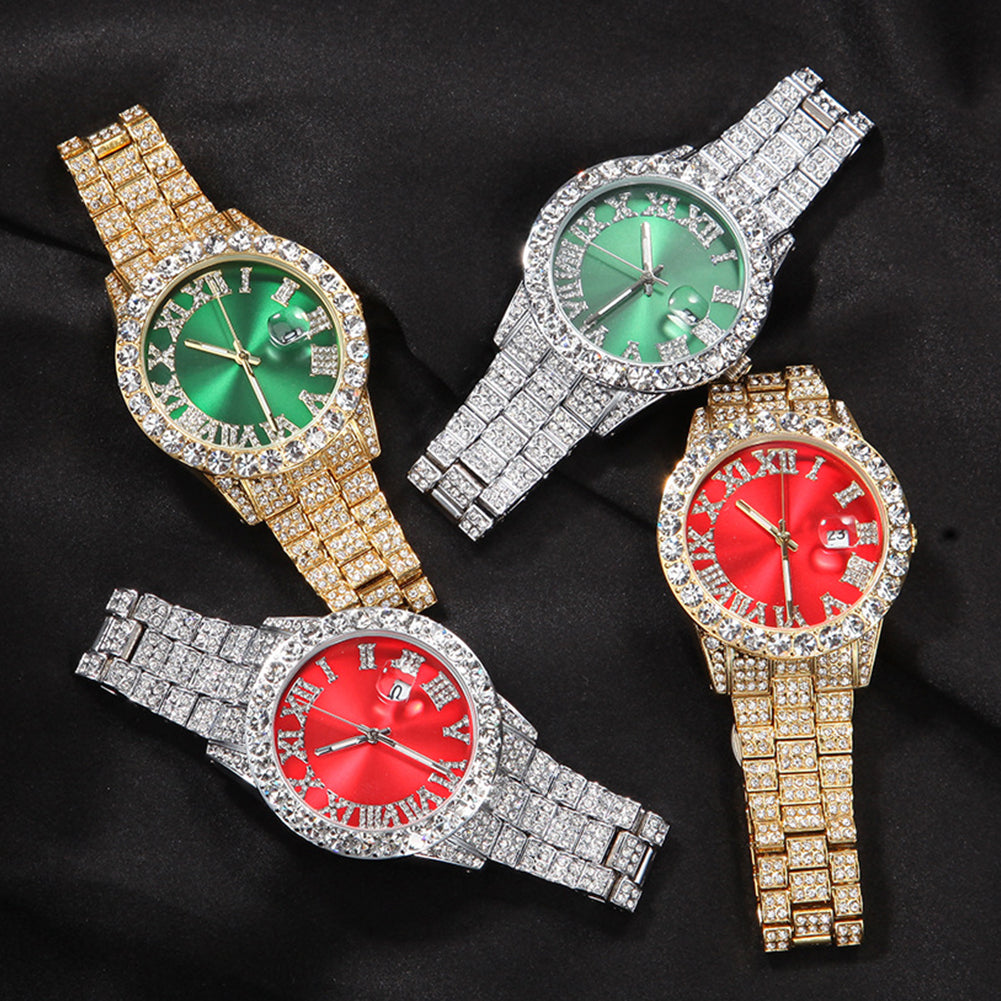 Iced Roman Numerals Red Dial Men's Watch in Gold