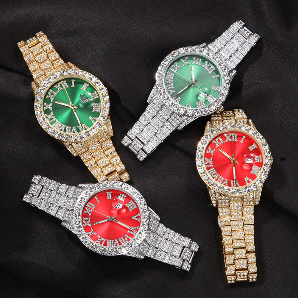 Iced Roman Numerals Red Dial Men's Watch in Gold