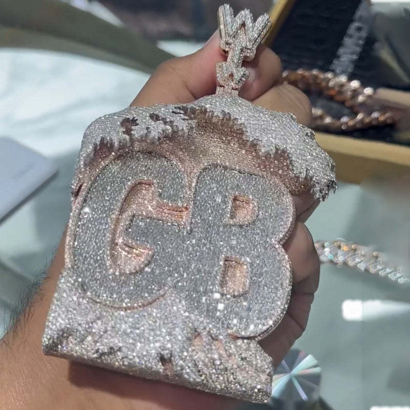 Moissanite Wave House Shape GB Letter Pendant