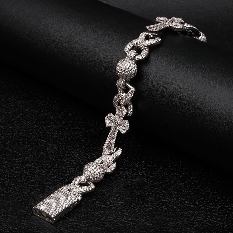Iced Out Moissanite Cross & Round Ball Bracelet