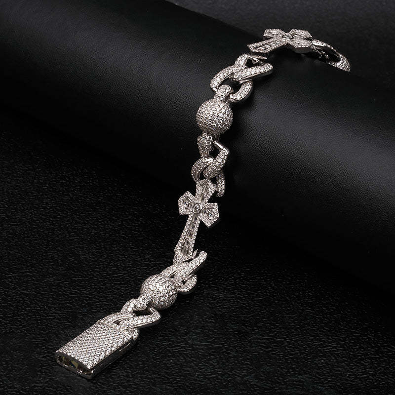 Iced Out Moissanite Cross & Round Ball Bracelet
