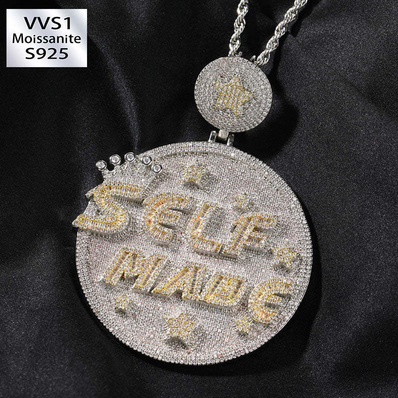 Moissanite Personality Hip Hop "SELF MANG" Letter Large Disc Pendant