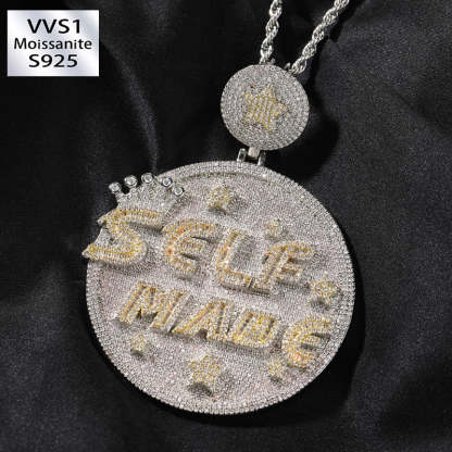 Moissanite Personality Hip Hop "SELF MANG" Letter Large Disc Pendant