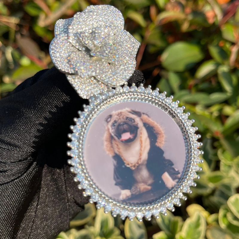 Moissanite Rose Button Round Customized Photo Pendant