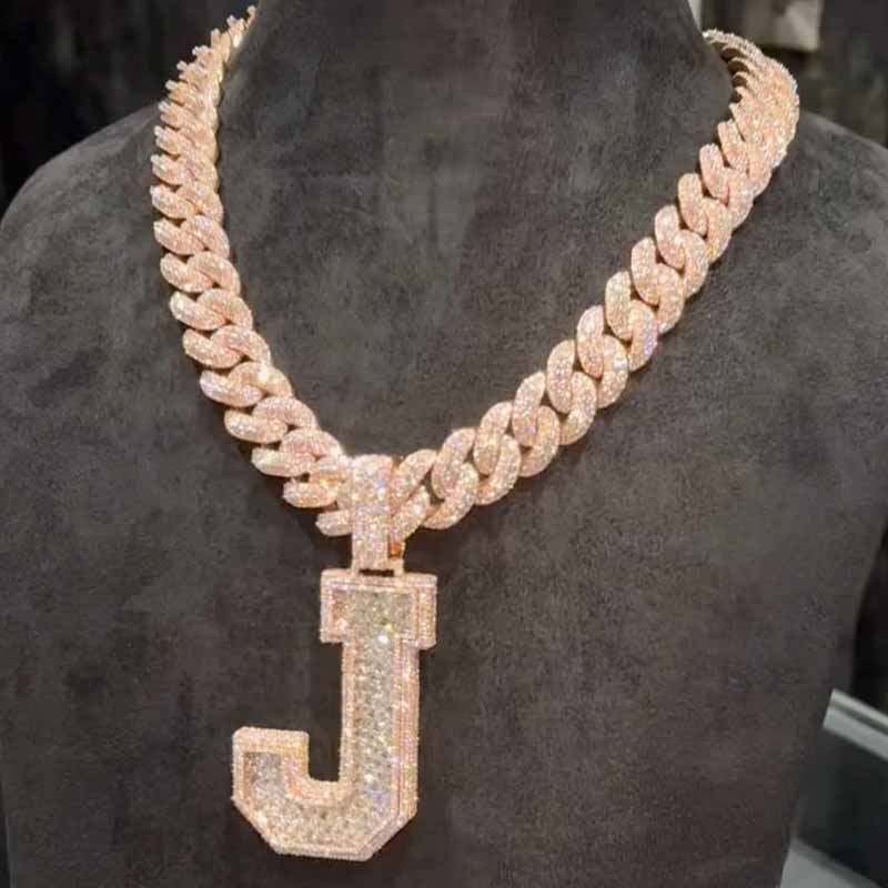 Moissanite Letter J Pendant Cuban Chain Set