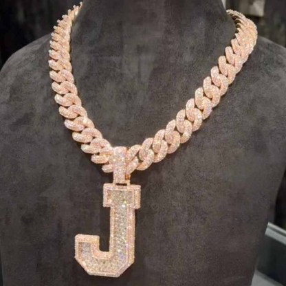 Moissanite Letter J Pendant Cuban Chain Set
