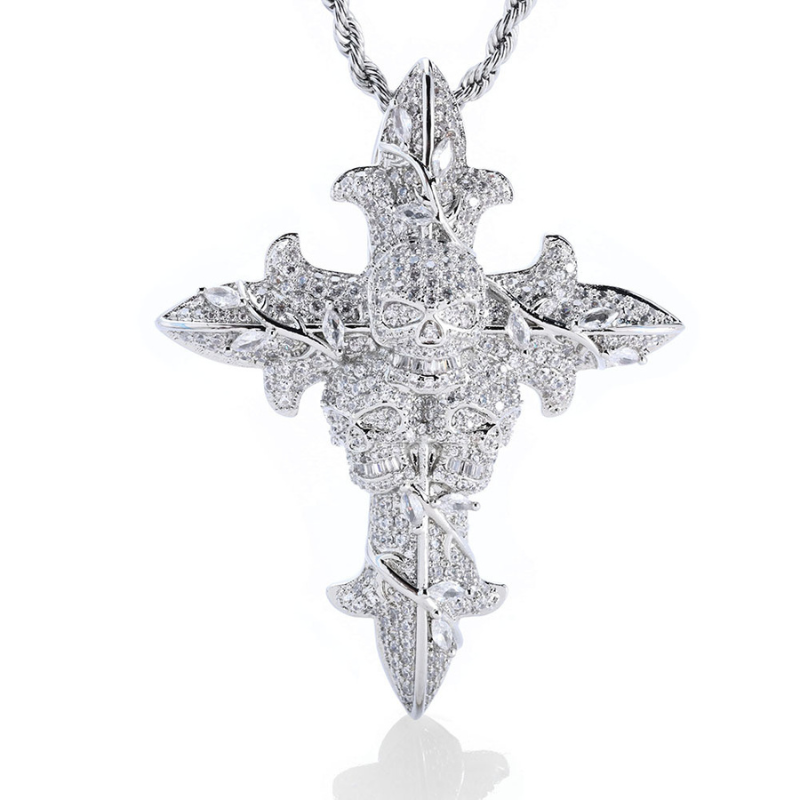 Moissanite Hip Hop Skull Rose Cross Pendant