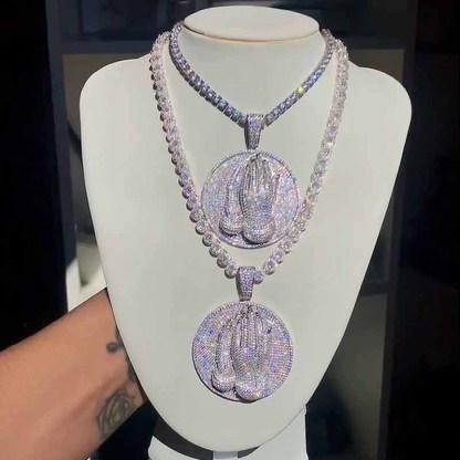 Moissanite Three Dimensional Double Hand Prayer Round Pendant