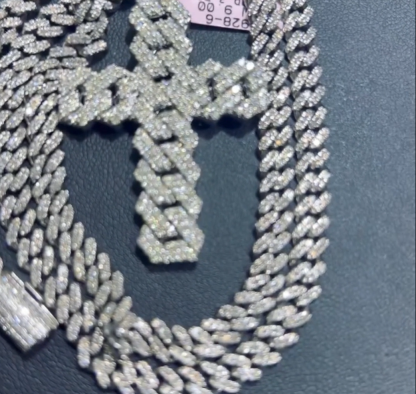 Ice Out Moissanite Cross Cuban Pendant Cuban Chain Set