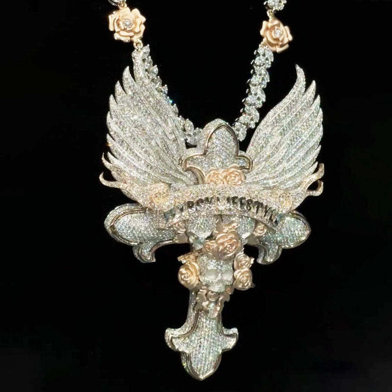 Moissanite "FlyBoy Lifestyle" Letter Wings Rose Cross Pendant