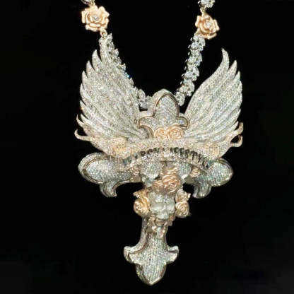 Moissanite "FlyBoy Lifestyle" Letter Wings Rose Cross Pendant